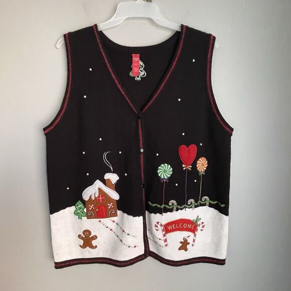 Gingerbread Christmas Tree Faux Pearl Sweater Vest XXL Sz 20 Black Lollipops Fun - Picture 1 of 14